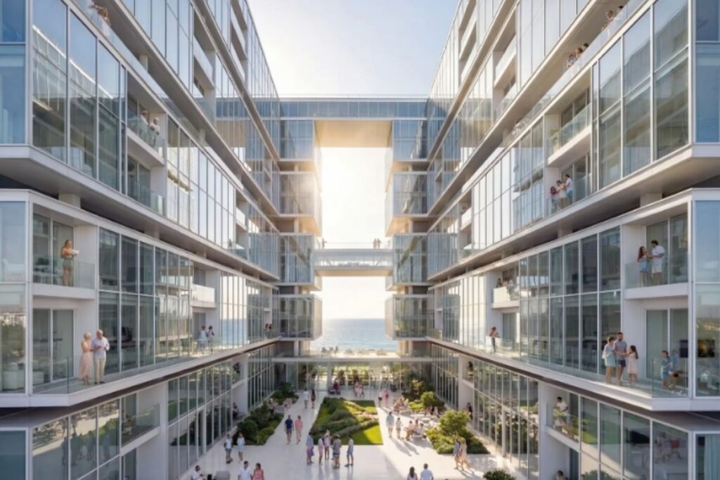 Glass-fronted apartment blocks and skybridges inside the Freedom Ship floating city concept.