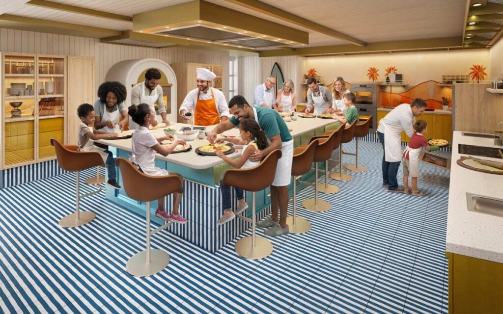 Rendering of a family cooking class space on Hero of the Seas, where adults and children prepare food together in a bright kitchen setting.