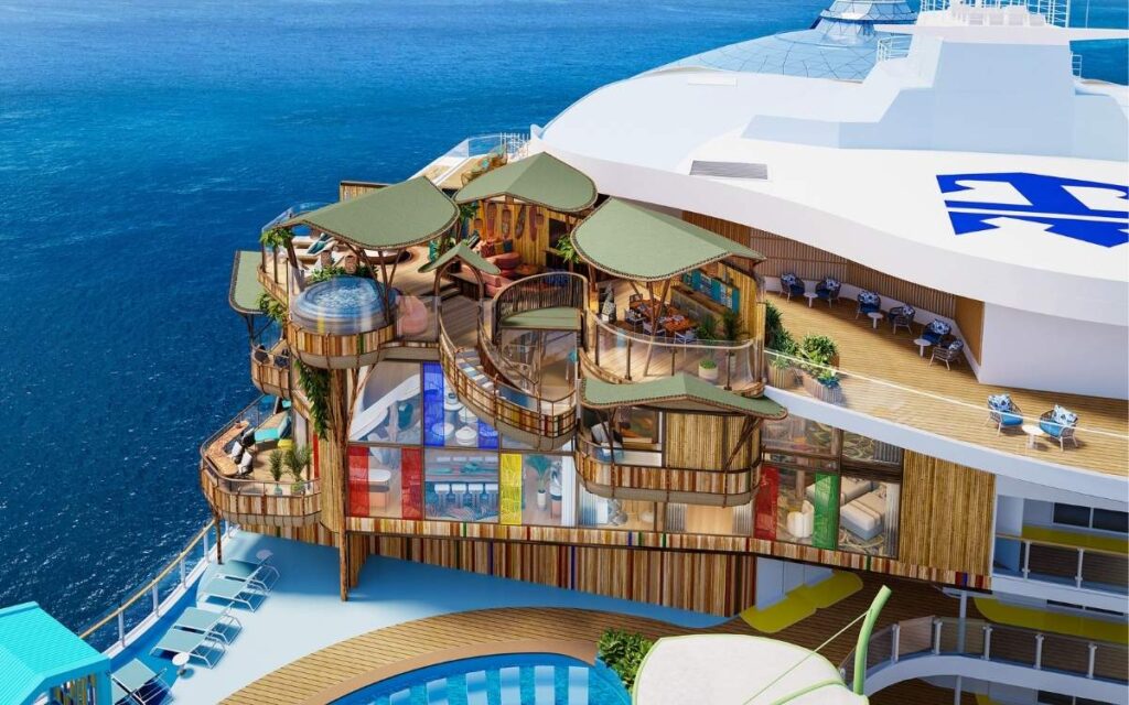 Rendering of the Ultimate Family Treehouse suite on Hero of the Seas, showing its multi-level design, outdoor spaces, and private whirlpool.
