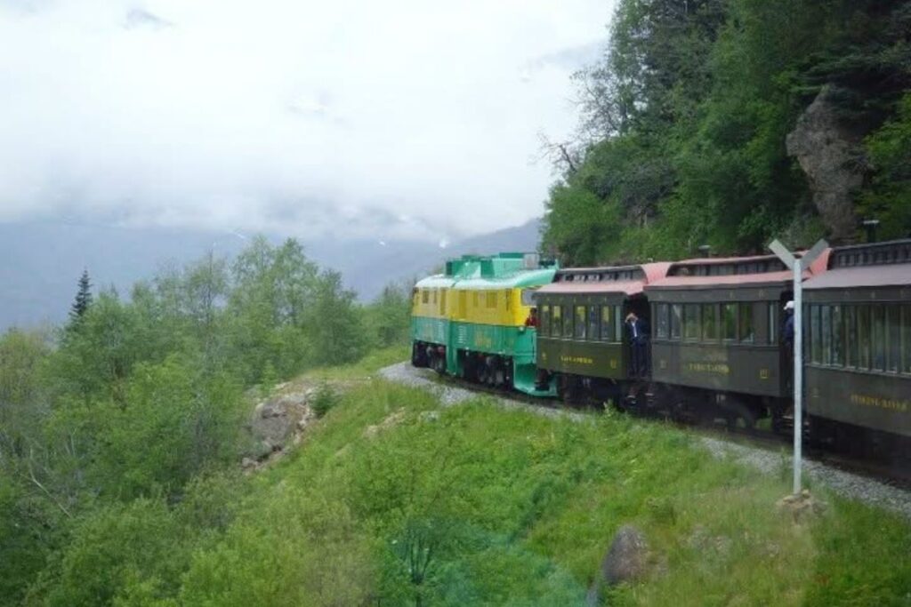 Green and yellow passenger train traveling along a mountainside railway through dense forest, with misty mountains in the distance.