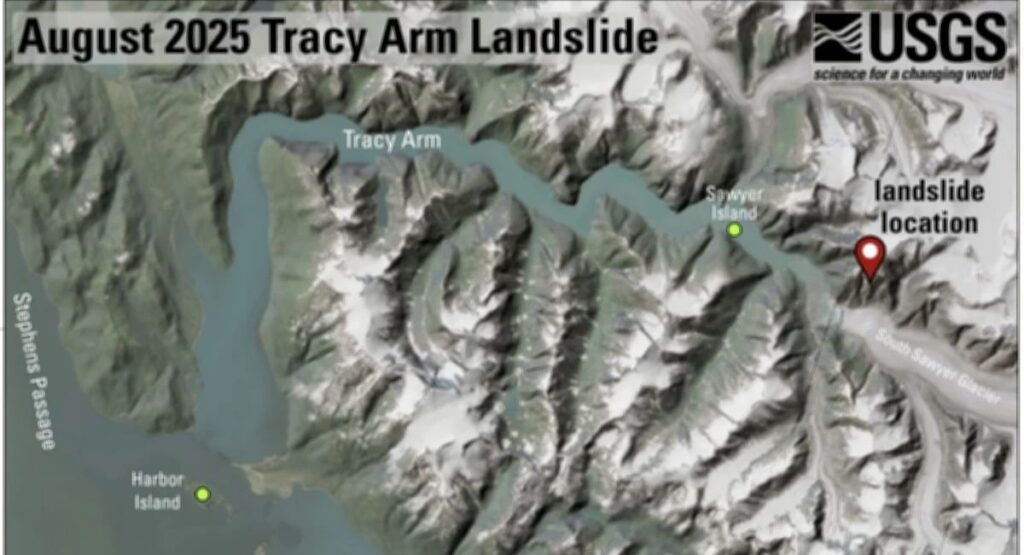 US Geological Survey map showing the August 2025 Tracy Arm landslide location near Sawyer Island and South Sawyer Glacier in Alaska.