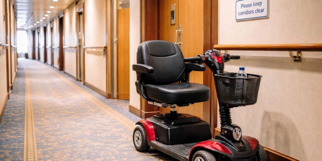 Mobility scooter parked in a cruise ship hallway beneath a “Please keep corridors clear” sign.