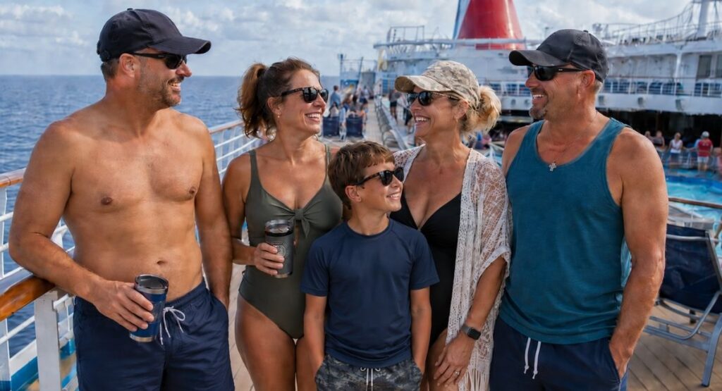 Cruise passengers in colorful swimwear smiling on a sunny Carnival cruise ship deck, with one woman wearing a light camouflage hat and a young boy wearing camo-print shorts.