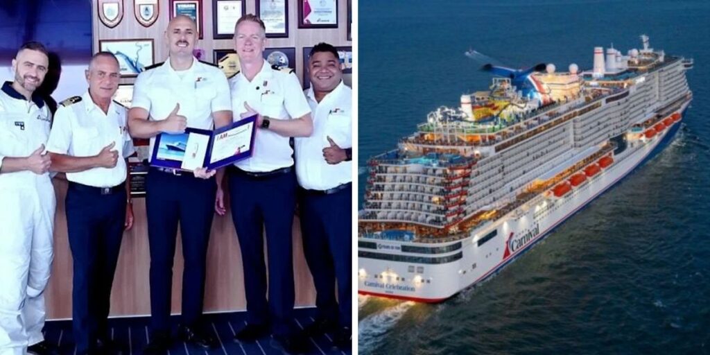 Composite image showing Carnival crew members posing with a Hero award certificate onboard, alongside an aerial view of Carnival Celebration sailing at sea.