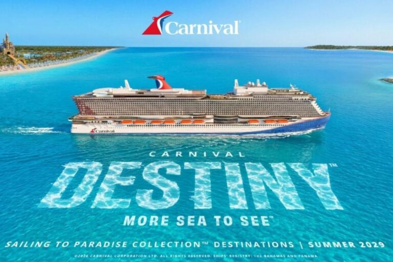 Rendering of Carnival Destiny, Carnival Cruise Line’s first Ace-class ship, sailing in bright blue water with “More Sea to See” branding and a Summer 2029 debut message.