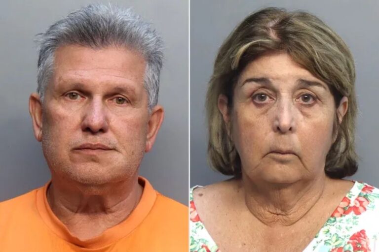 Side-by-side mugshots of a man in an orange shirt and a woman in a floral top, shown after their arrest in an alleged cruise and luxury goods fraud case.