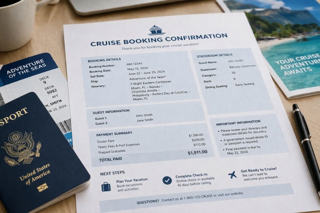 Cruise booking confirmation document beside a passport, boarding pass, travel brochure, coffee cup, and pen on a desk.