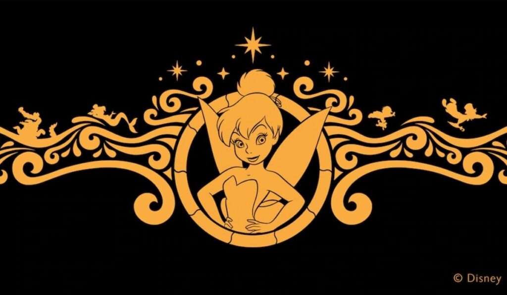 Artist concept of the Disney Believe bow artwork featuring Tinker Bell surrounded by gold filigree and silhouettes of Peter Pan characters.