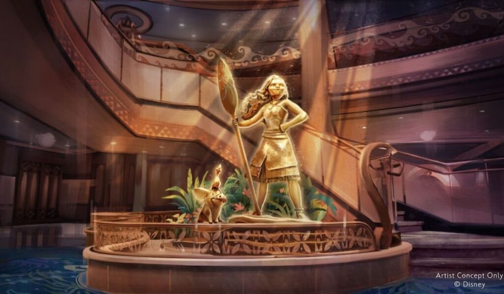 Artist concept of the Disney Believe Grand Hall featuring a bronze Moana statue holding an oar, with Pua and Heihei beside her and Polynesian-inspired details throughout the space.