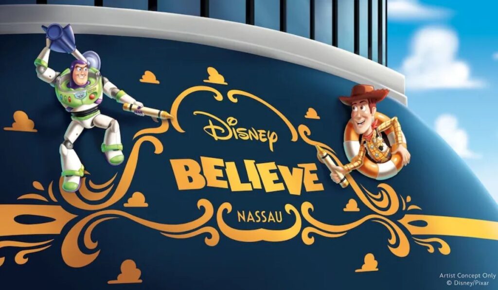 Artist concept of the Disney Believe stern featuring Woody and Buzz Lightyear beside the ship’s name in large Toy Story-style yellow lettering.