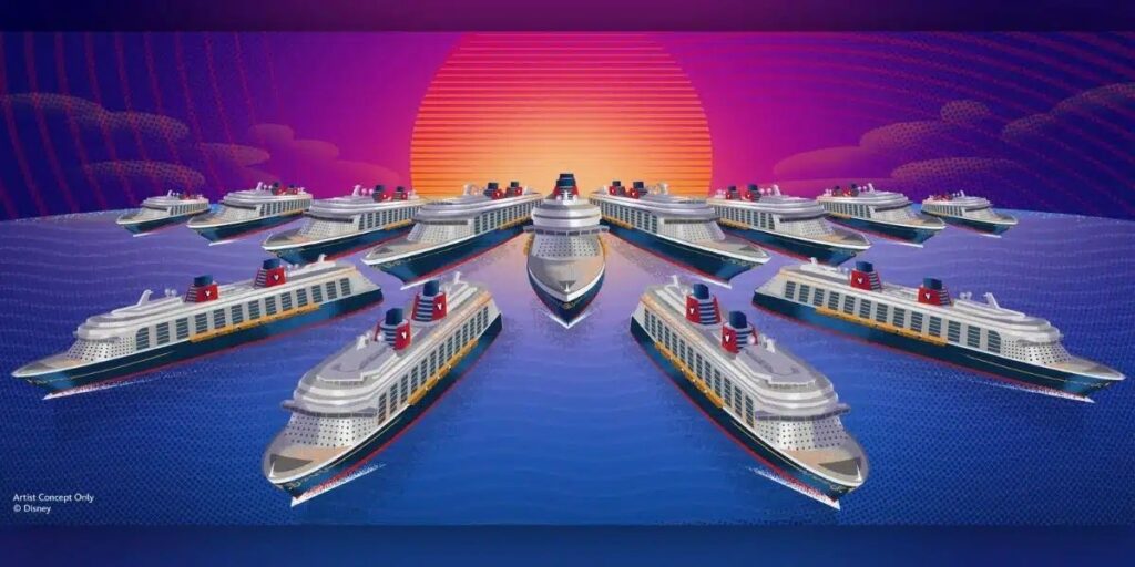Disney concept artwork showing a fleet of 13 Disney Cruise Line ships arranged across the ocean in front of a large orange sunset.