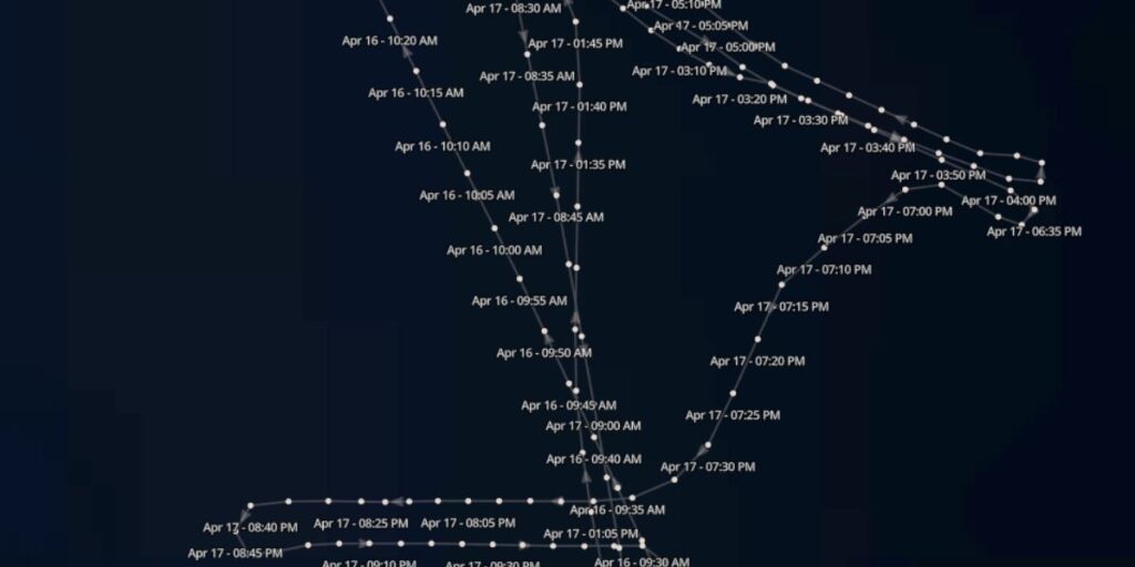 Ship tracking map showing Carnival Splendor changing course and looping in search patterns near Moreton Island after the overboard incident.