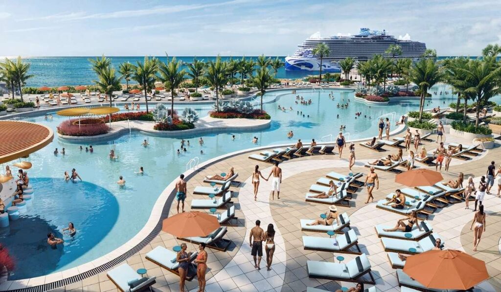 Rendering of Great Stirrup Cay’s lagoon-style pool area, with sun loungers, palm trees, guests swimming and relaxing, and a Norwegian Cruise Line ship docked in the background.