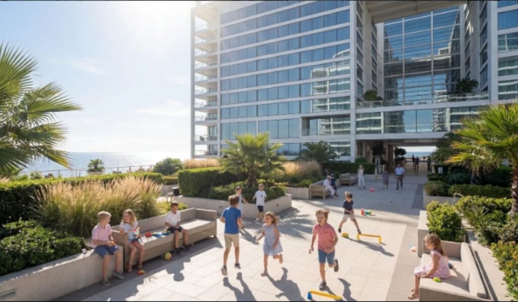 Children playing in an outdoor courtyard between residential blocks on Freedom Ship.