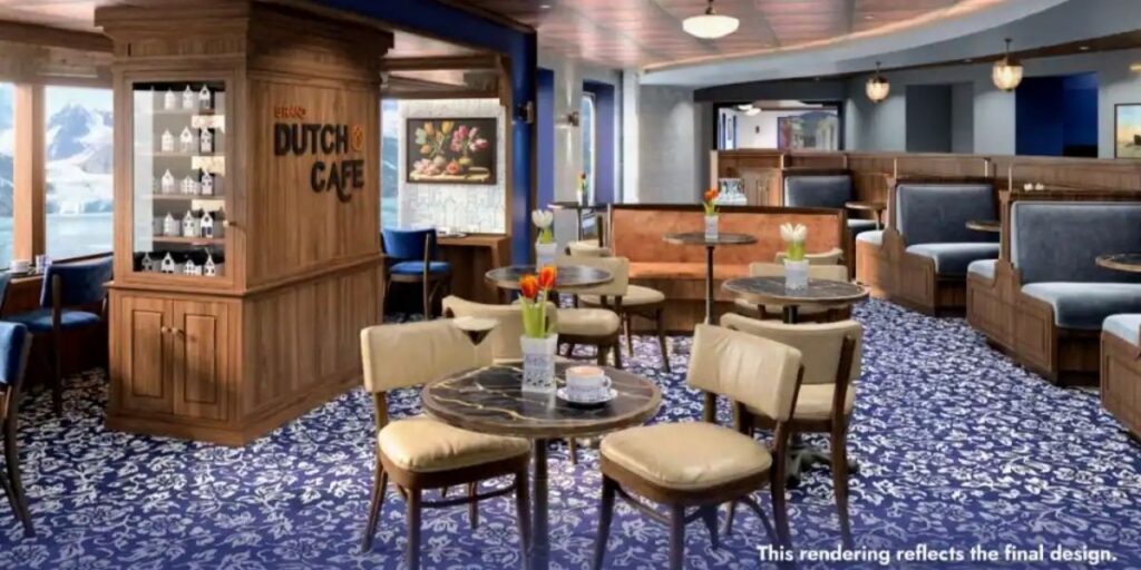 Interior rendering of Holland America’s Grand Dutch Cafe with blue patterned carpet, wood-paneled booths, café tables, tulip centerpieces, and large windows overlooking the sea.