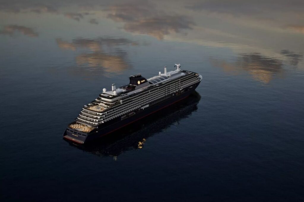 Rendering of Explora Journeys IV cruise ship sailing across calm water beneath a cloudy sky.