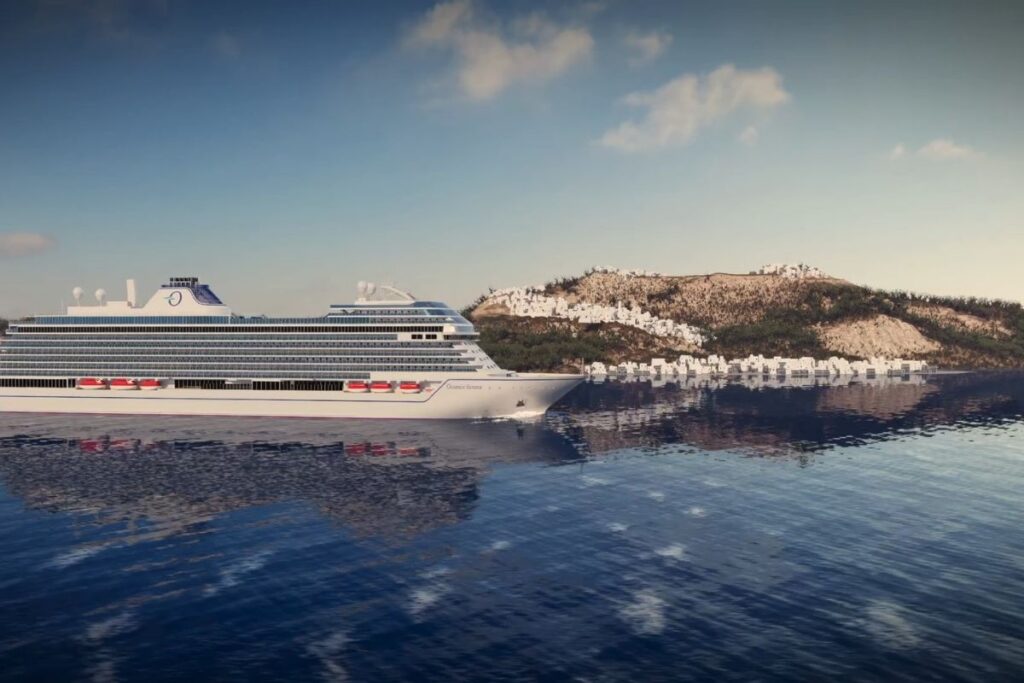 Oceania Sonata cruise ship rendering sailing past a coastal hillside town on calm water.