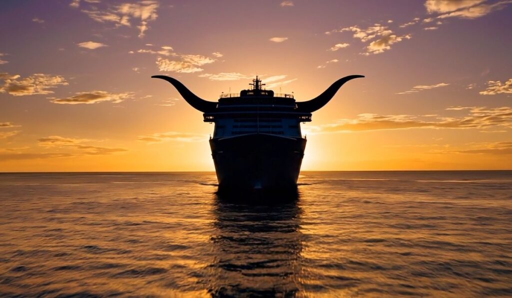 Carnival cruise ship silhouette at sunset with longhorn-shaped funnel wings representing Texas.