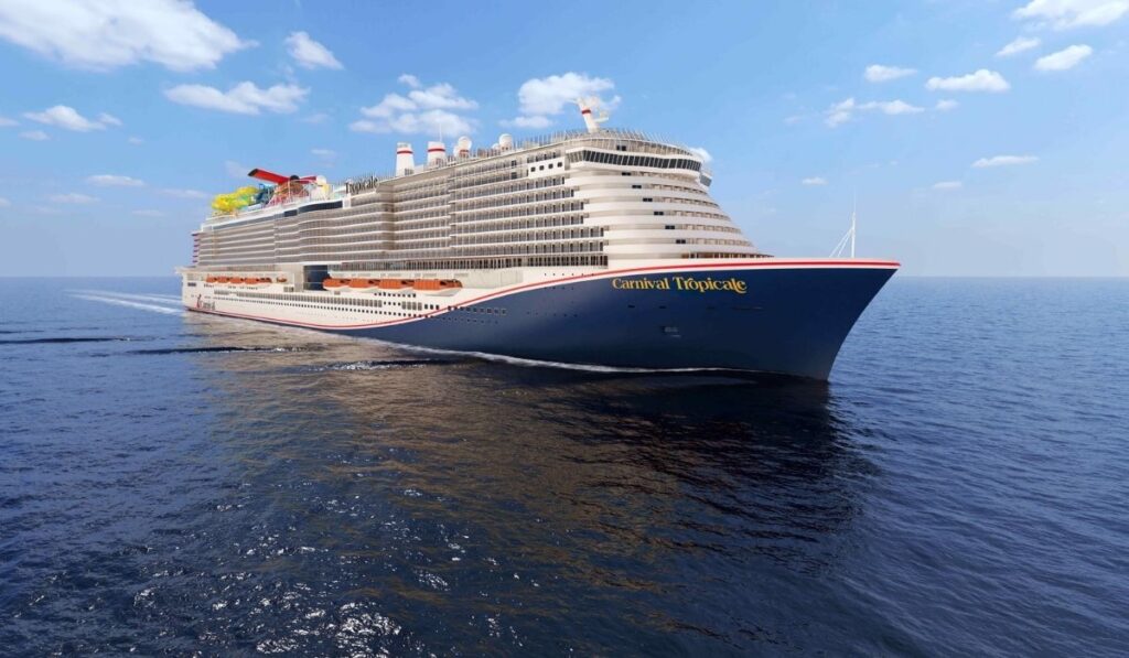 Carnival Tropicale render showing the new Excel-class cruise ship sailing at sea.