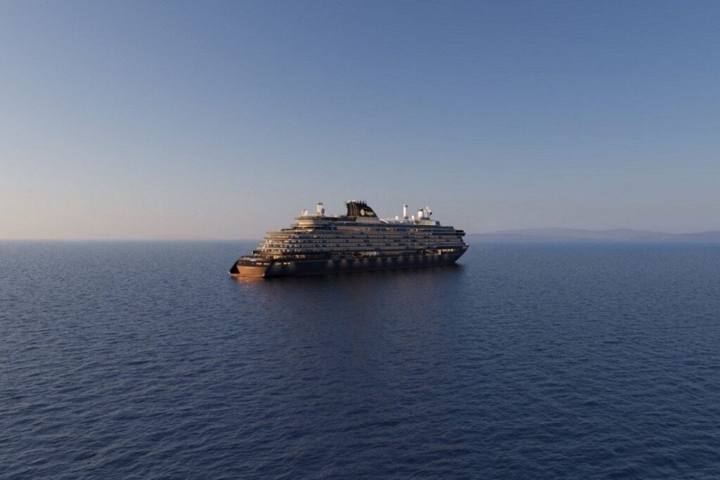 Explora VI cruise ship rendering sailing across calm open water beneath a clear sky.