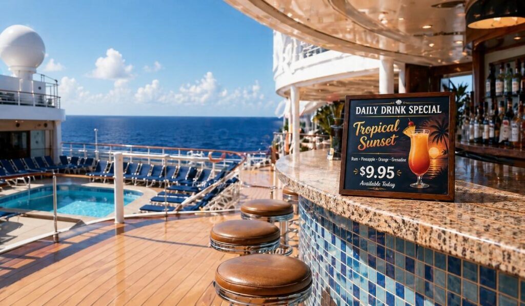 Daily drink special sign on a cruise ship bar counter overlooking the pool deck and ocean