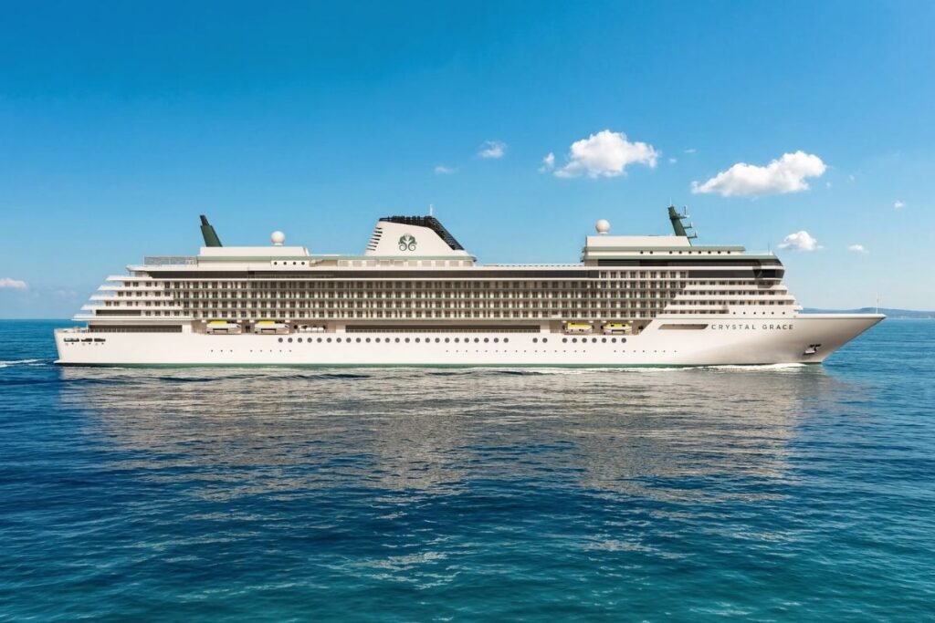Crystal Grace cruise ship rendering sailing across calm blue water under a clear sky.