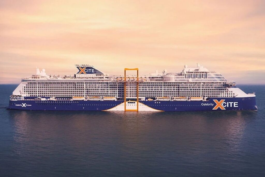 Celebrity Xcite cruise ship rendering sailing at sea beneath a warm sunset sky.