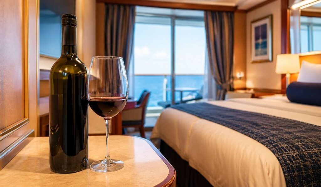 Glass of red wine beside a bottle of wine in a cruise ship cabin with an ocean-view balcony.