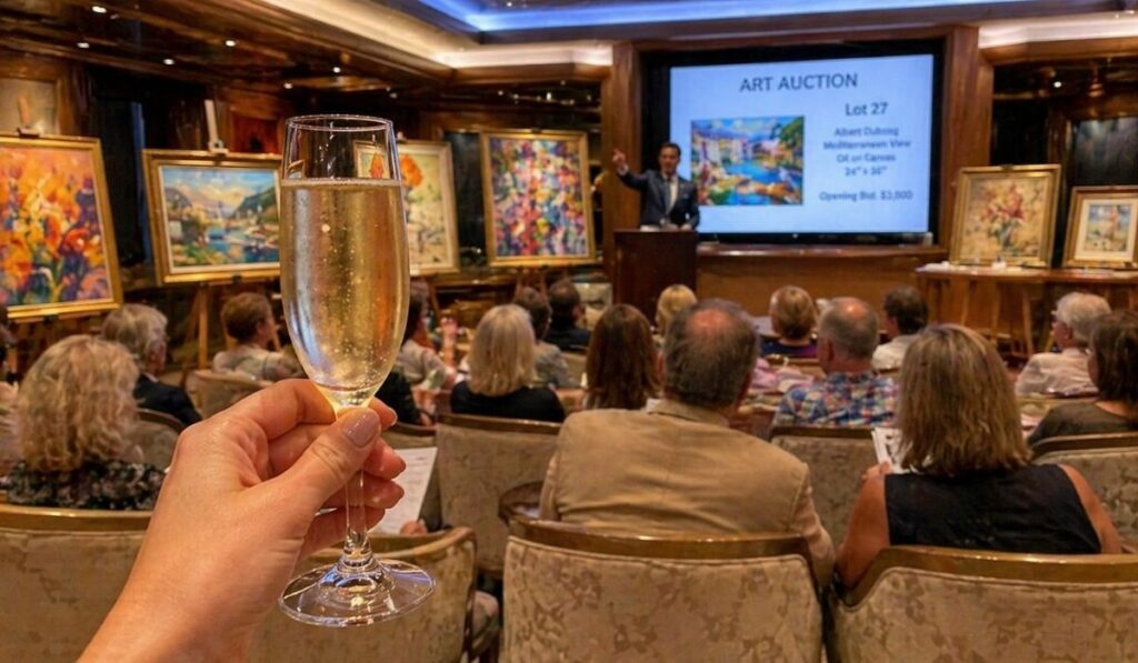 Hand holding a champagne flute during a cruise ship art auction with framed artwork on display.