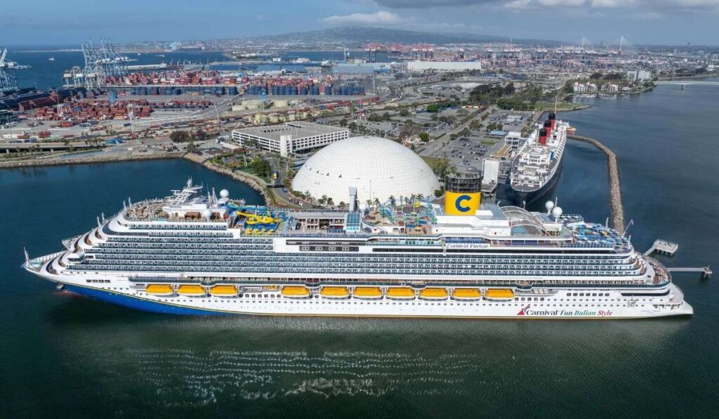 Carnival Firenze docked at the Long Beach Cruise Terminal in California.