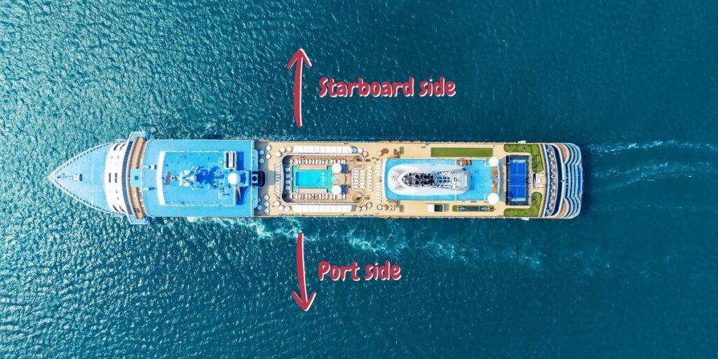 Aerial view of a cruise ship labeled to show the port side and starboard side