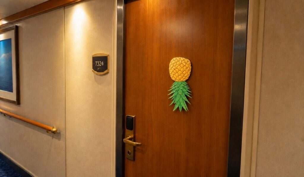 Cruise cabin door with an upside-down pineapple magnet in a ship hallway.