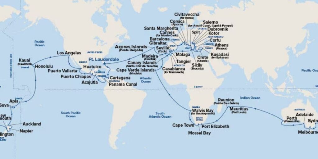 Map showing a world cruise itinerary linking Europe, the Caribbean, the Pacific, Australia, Africa, and the Mediterranean, with ports including Barcelona, Athens, Cape Town, Honolulu, Auckland, Perth, and Sydney.