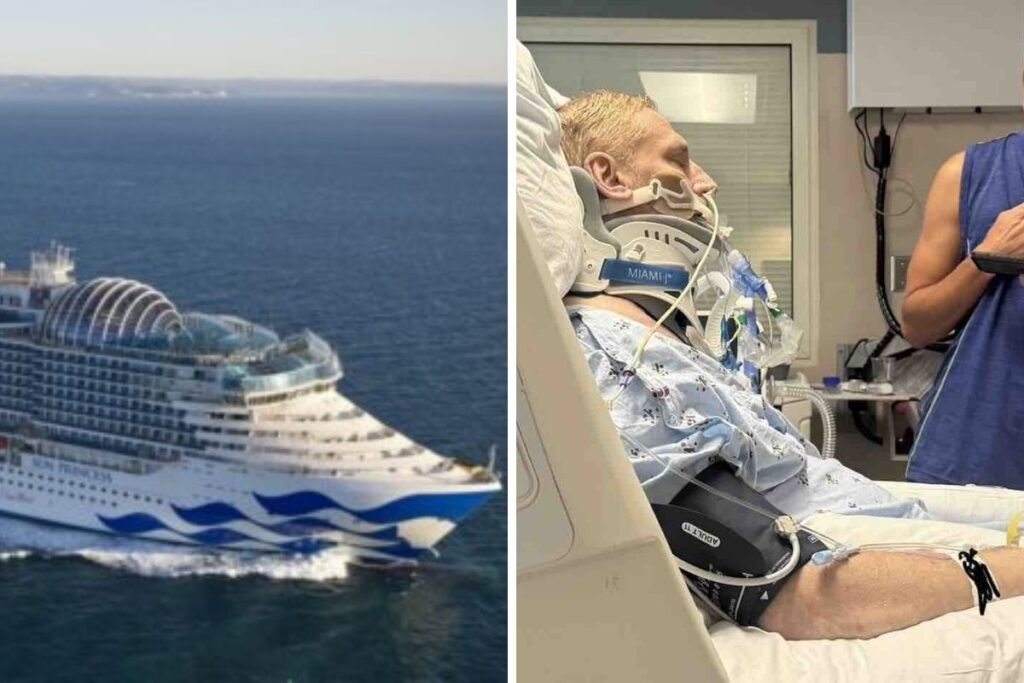 Sun Princess at sea beside a photo of a hospitalized cruise passenger wearing a neck brace and breathing support.