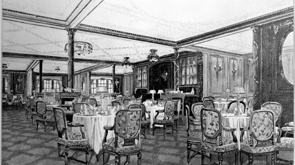 Illustration of Titanic’s à la carte restaurant with round tables, upholstered chairs, and elegant first-class dining decor.