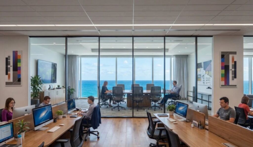 Modern office space with ocean-view meeting room inside the Freedom Ship concept.