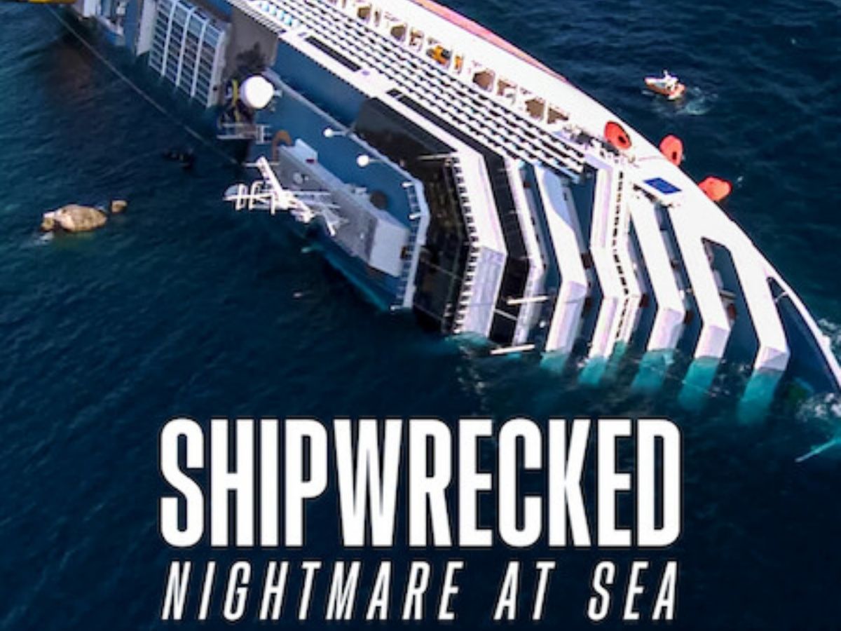 Aerial view of the Costa Concordia cruise ship partially submerged and listing heavily on its side in the sea, with a small boat nearby and the words “Shipwrecked: Nightmare at Sea” overlaid across the bottom.