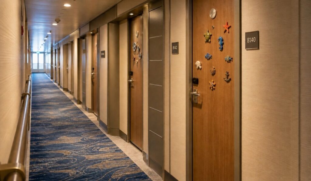 Cruise ship hallway with decorated cabin doors and wall-mounted cabin numbers.