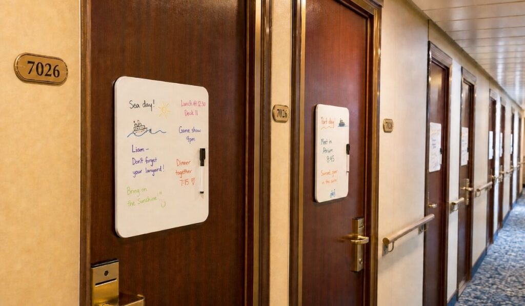 Cruise cabin doors with magnetic dry-erase boards for family notes and plans.