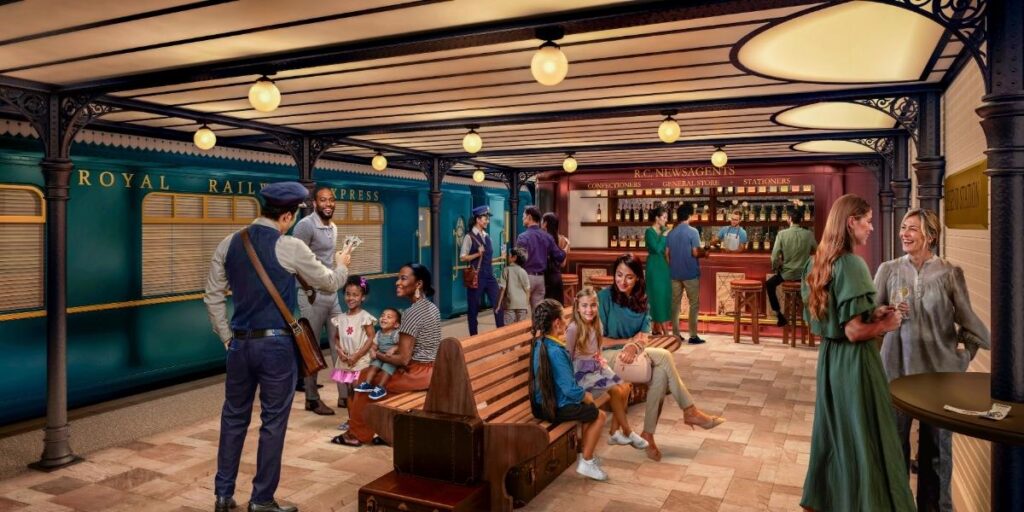 Guests gathered inside Royal Railway – Legend Station on Legend of the Seas, designed like a vintage train platform.