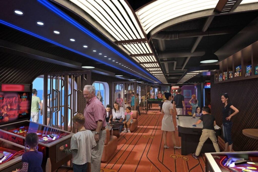 The Vault Retrocade aboard Carnival Tropicale with arcade games, air hockey tables, and family entertainment.
