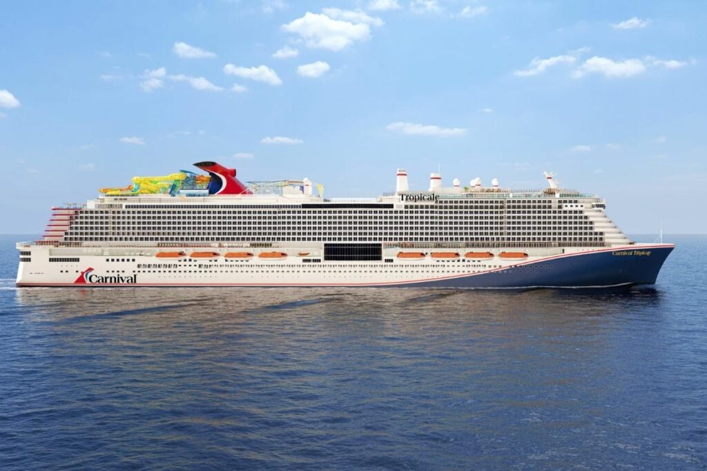Carnival Tropicale rendering showing the new Excel-class cruise ship sailing at sea with its red, white, and blue Carnival funnel.