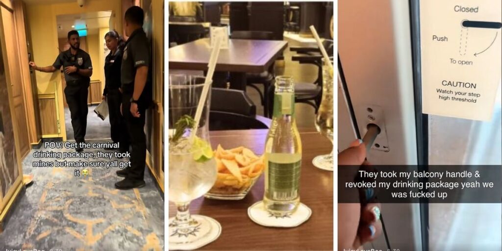 Carnival security staff in a cruise ship corridor beside an image of drinks and a cabin balcony door with its handle removed.
