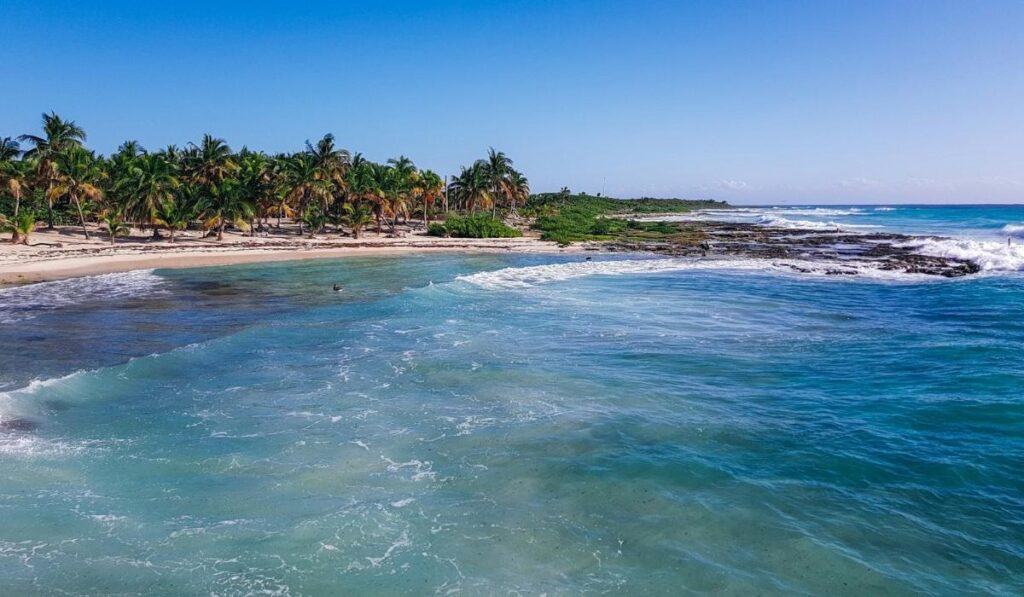 Quiet coastline near Mahahual, Costa Maya, Mexico, with blue water, palm trees, and waves breaking along the shore.