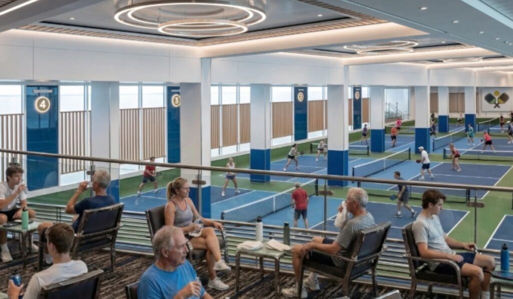 Indoor pickleball courts and spectator seating inside the Freedom Ship concept.