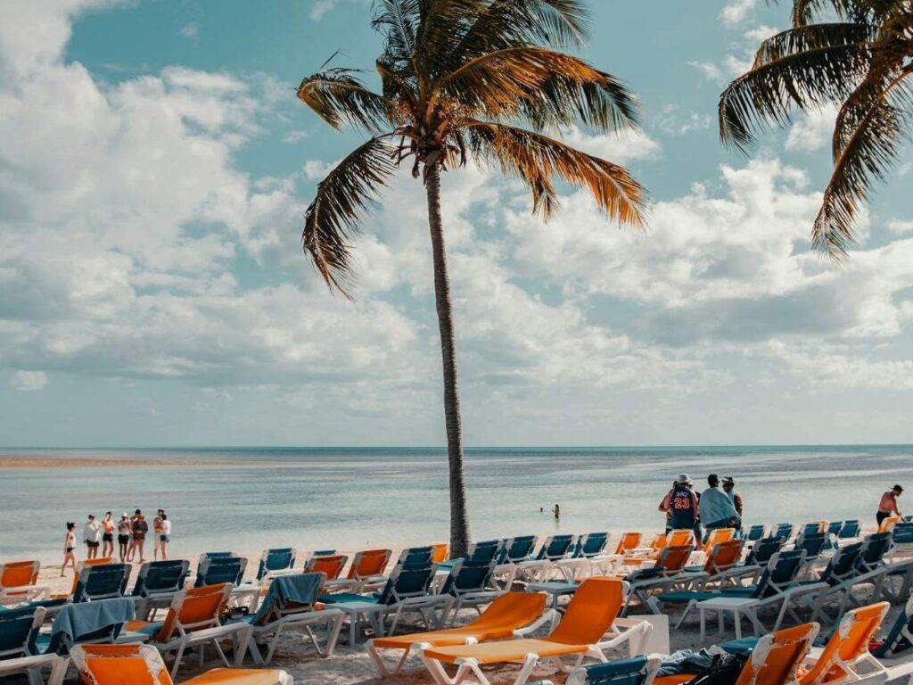 Rows of orange and blue lounge chairs line a sandy beach beneath tall palm trees, with calm water and a few people gathered along the shoreline in the Bahamas.