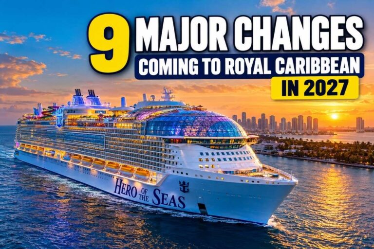 Royal Caribbean’s Hero of the Seas sailing at sunset with a city skyline behind it, alongside text reading “9 Major Changes Coming to Royal Caribbean in 2027.”
