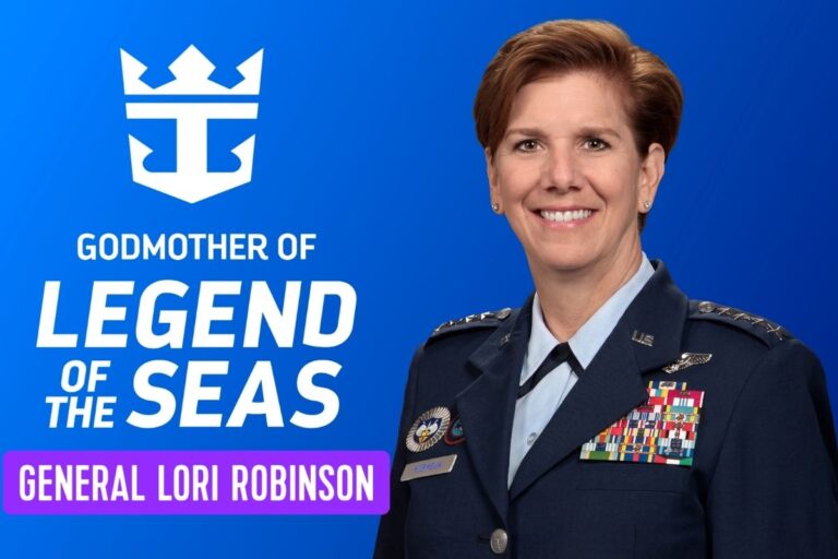 Promotional graphic showing a smiling female U.S. Air Force general in dress uniform beside the Royal Caribbean crown-and-anchor logo and the words “Godmother of Legend of the Seas.”