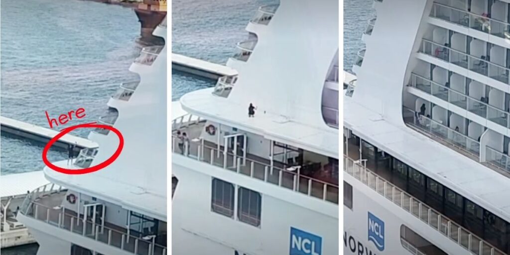 Three-panel image showing a passenger standing and posing on an exterior overhang outside the balcony area of Norwegian Getaway, with one panel marking the location in red.