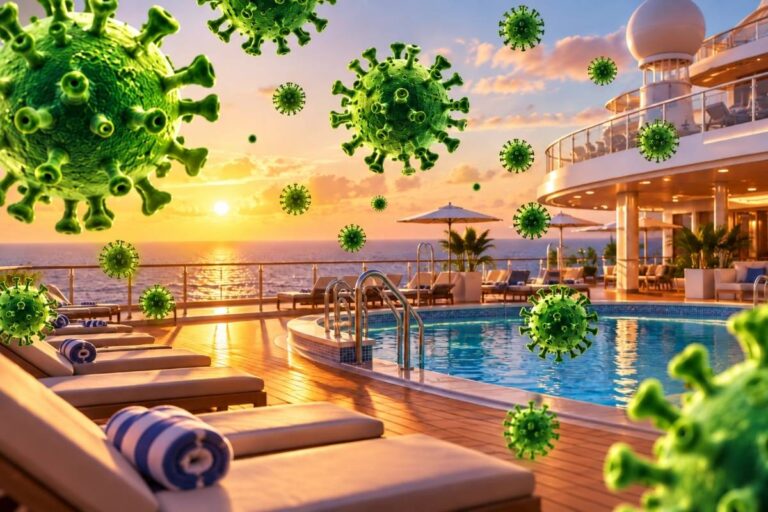 Green virus particles float over a cruise ship pool deck at sunset, illustrating the risk of norovirus spreading onboard.